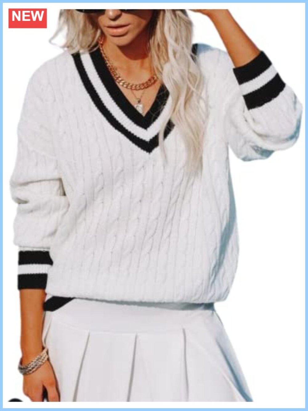 V Neck Long Sleeve Striped Cable Knit Pullover Sweater